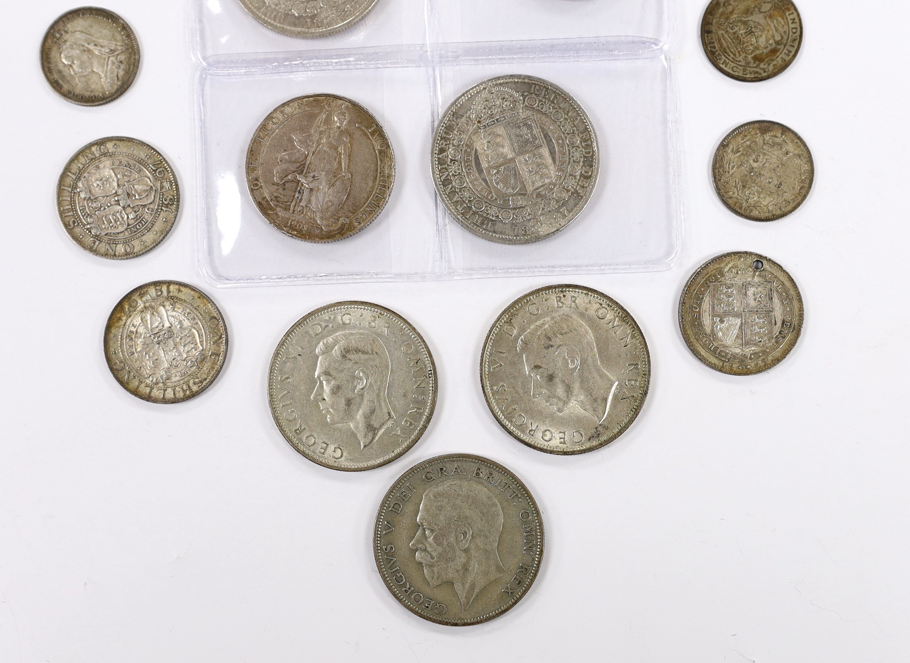 British Mixed silver coins including 1915 shilling GEF, Victoria crown 1887 and double florin etc.